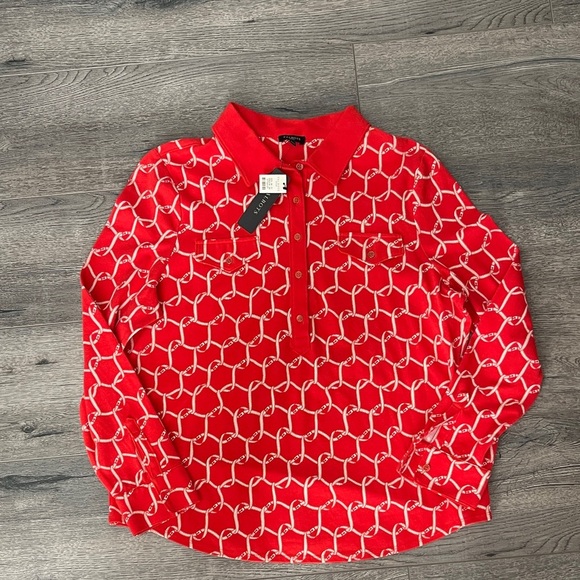Talbots Tops - Talbots orange Blouse with White Geometric Design